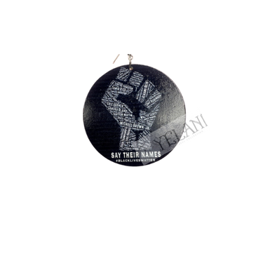 Close-up of Say Their Name memorial earrings showing respectful black finish and meaningful message design